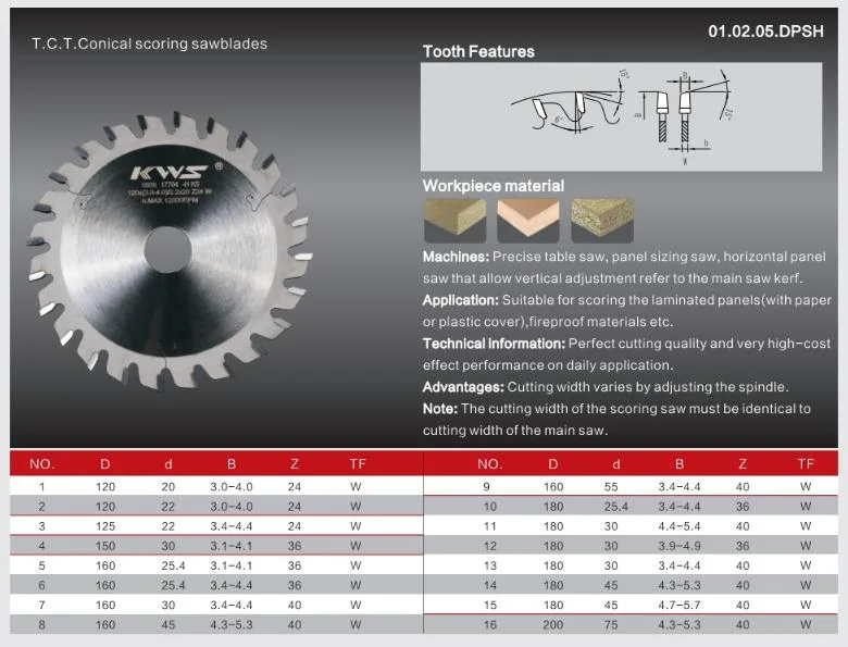 New Product Kws Tct Carbide Circular Single Conical Scoring Saw Blade Wood Cutting Woodworking Tool